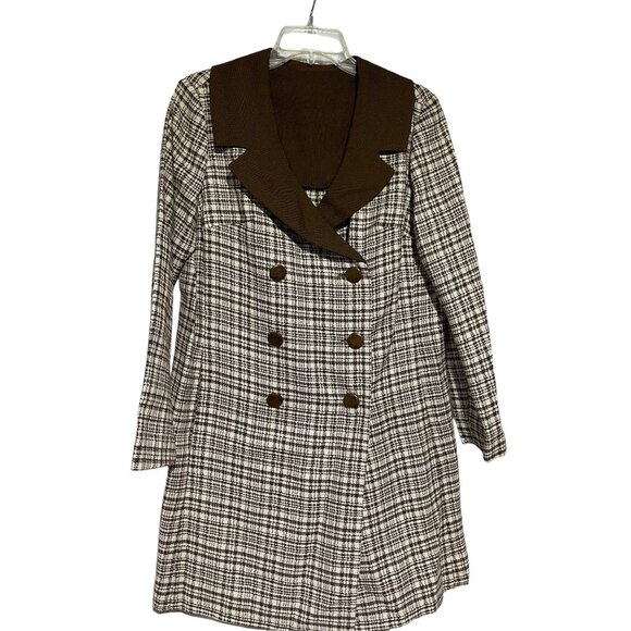 Vintage Women's Coat Double Breasted Plaid Brown Cream Size L - Picture 2 of 8